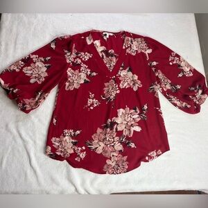 Maurices Floral V-Neck Blouse - Red Small